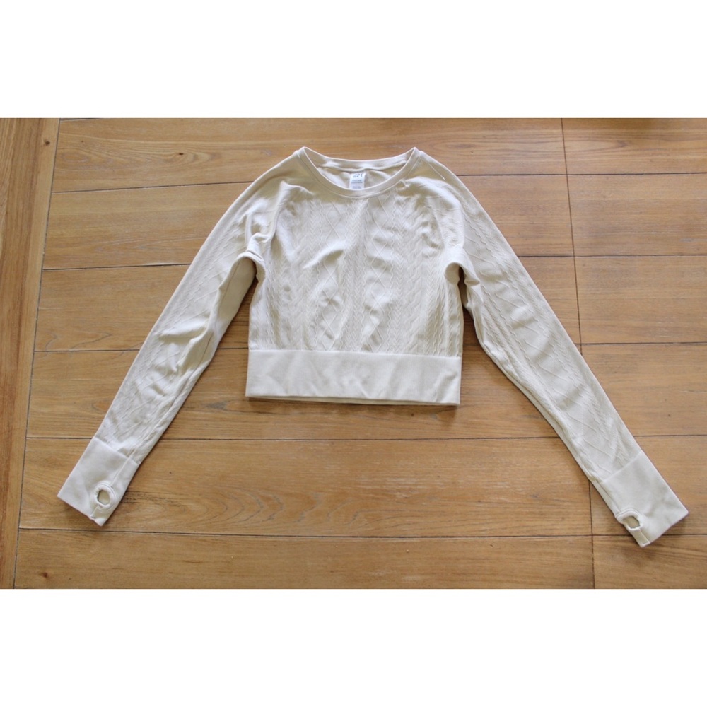 Joy Lab Cable Knit Cream Cropped Seamless Long Sleeve Top XL Preowned